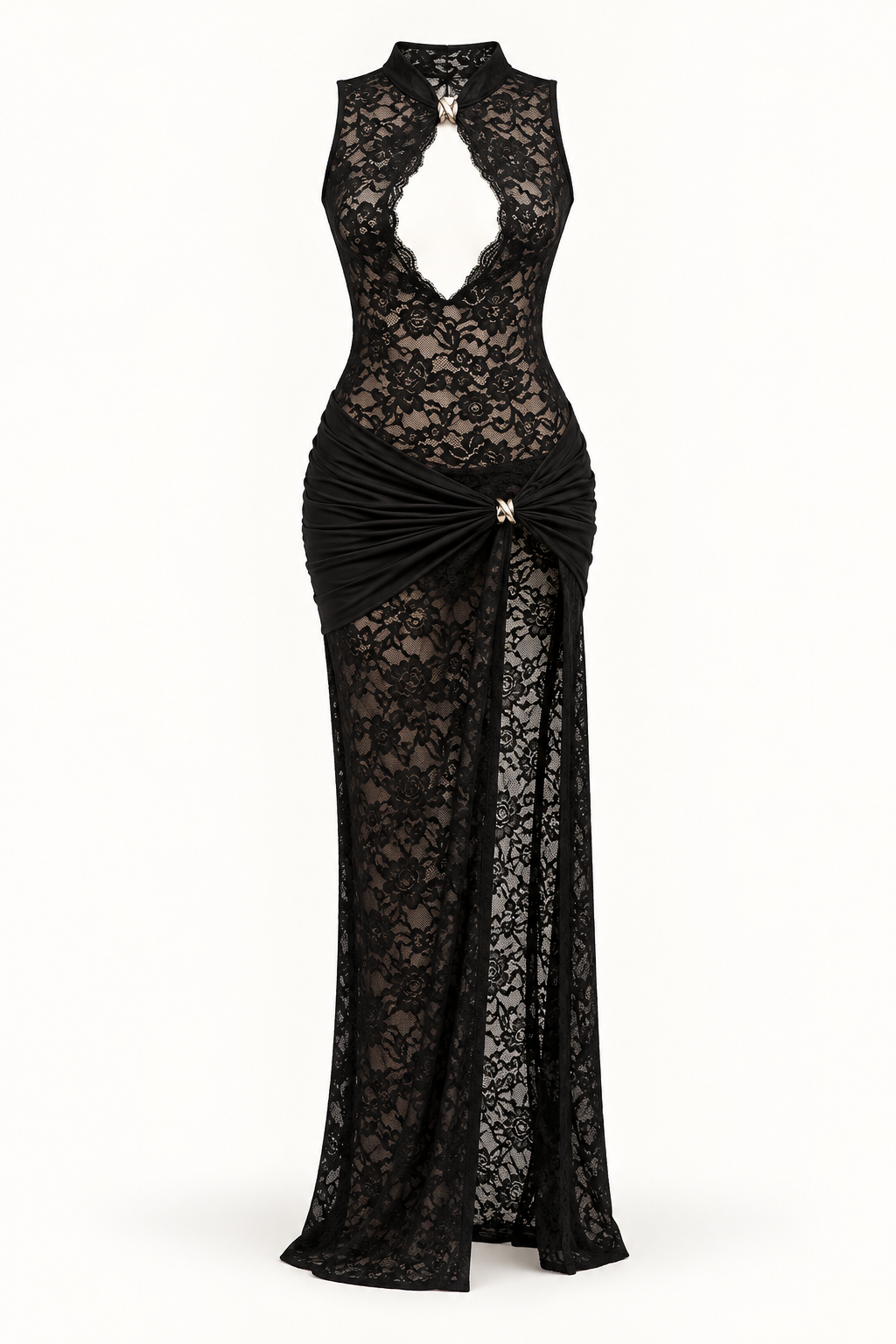 Vestido Comprido de Renda com Fenda Alta