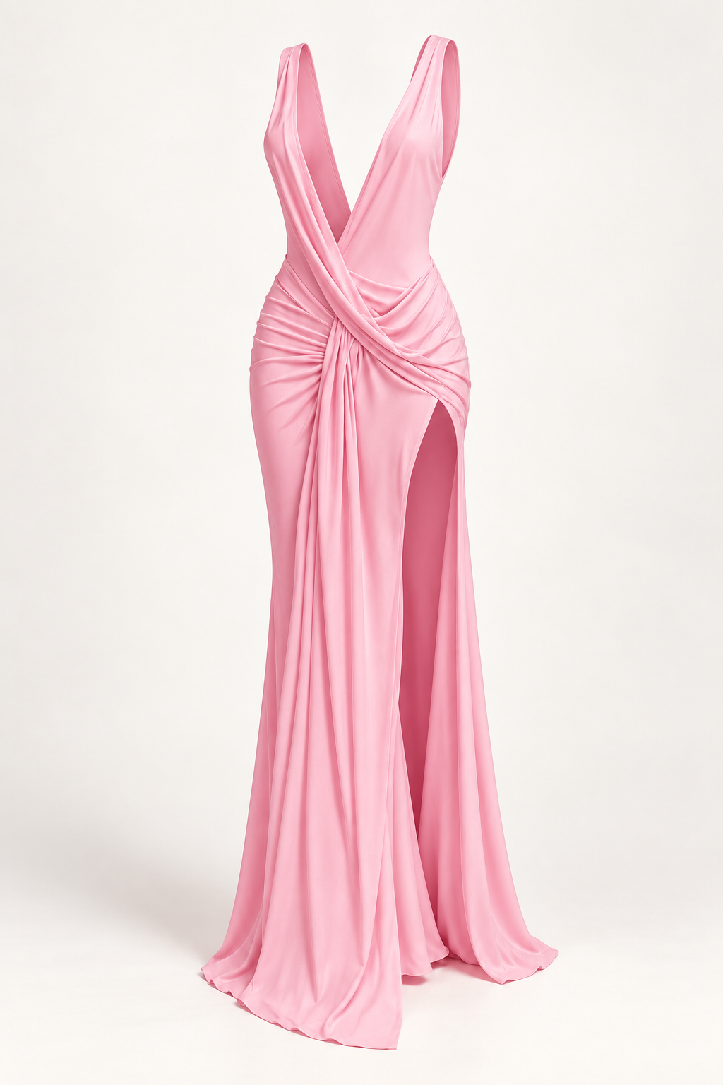 Vestido Comprido com Decote em V e Franzidos