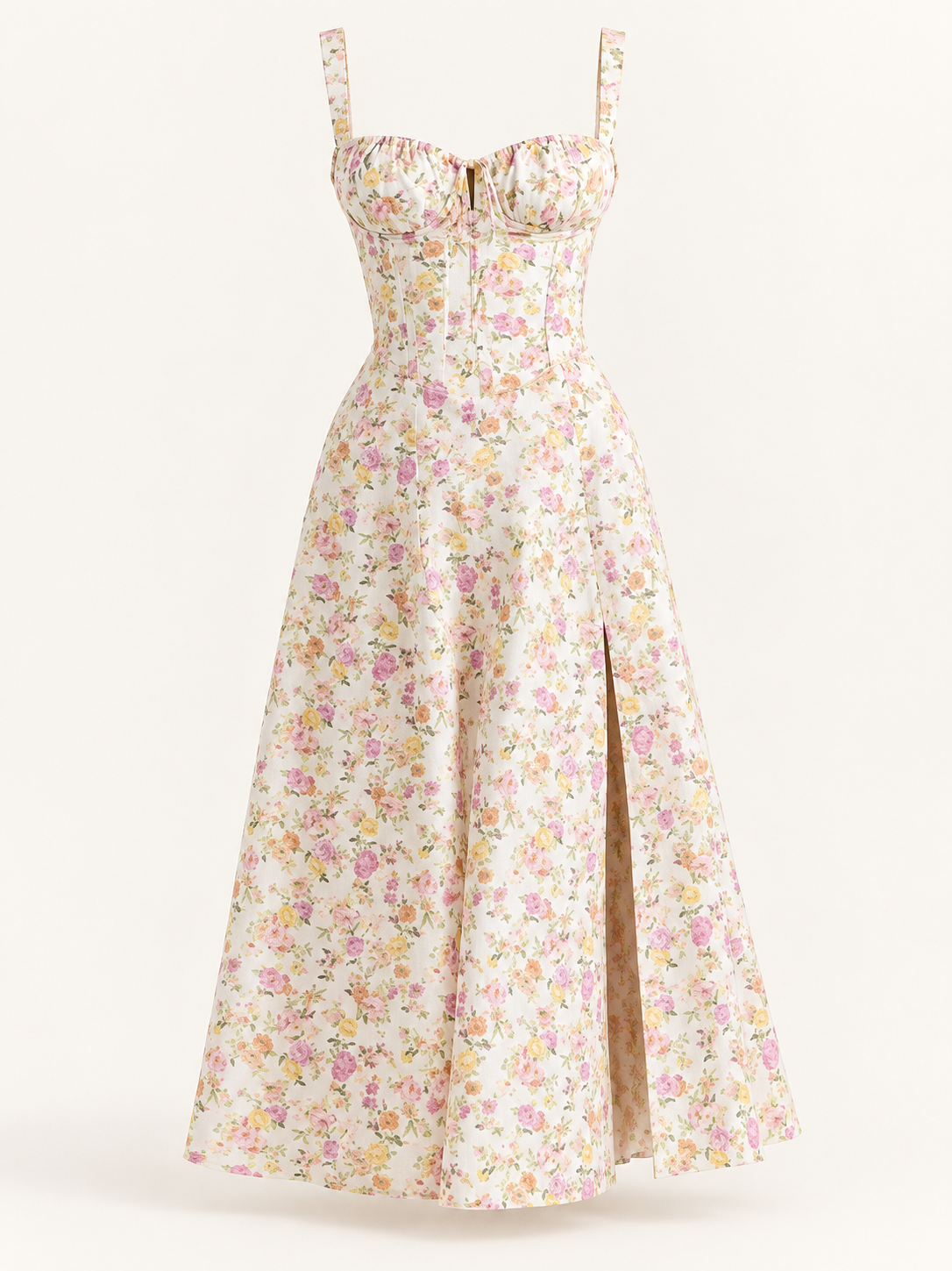 Vestido Midi Floral com Corpete e Fenda — Modelo A