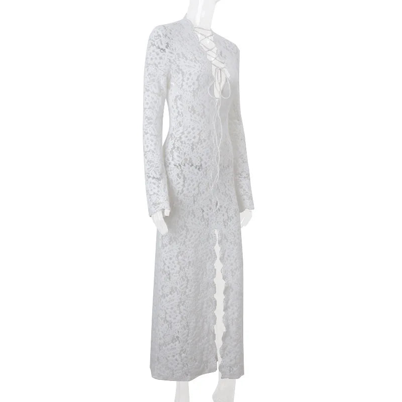 Vestido Comprido de Renda com Decote em V em Branco — foto 12 | Tolobasao