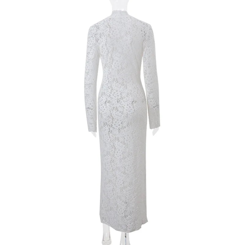 Vestido Comprido de Renda com Decote em V em Branco — foto 13 | Tolobasao