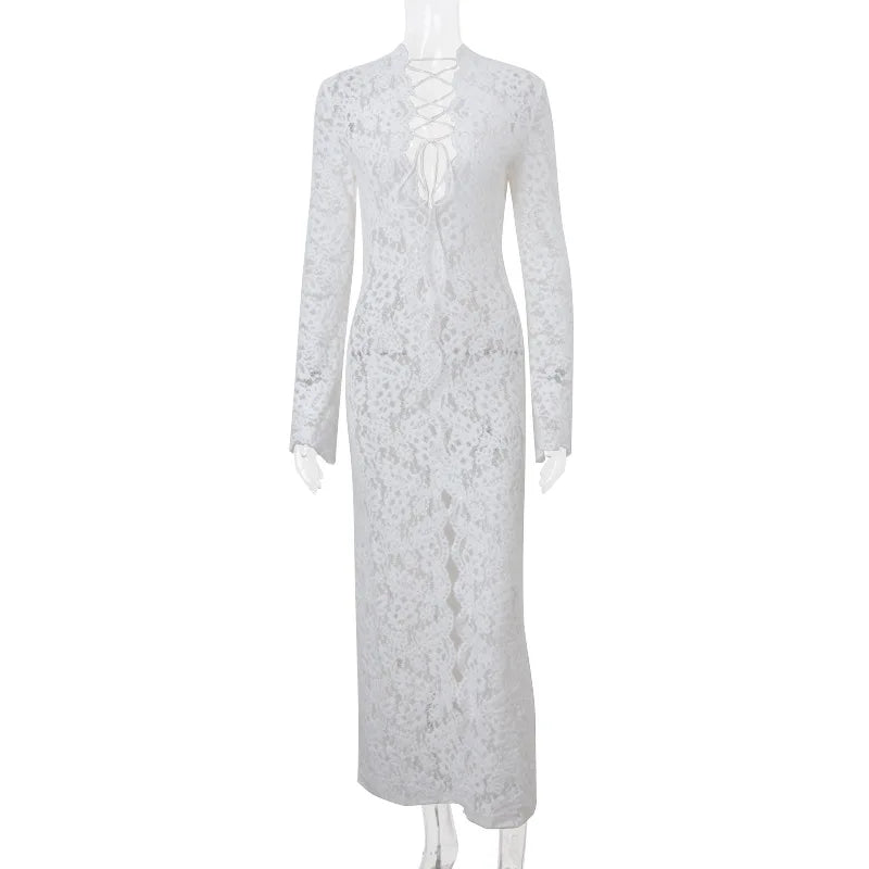 Vestido Comprido de Renda com Decote em V em Branco — foto 11 | Tolobasao