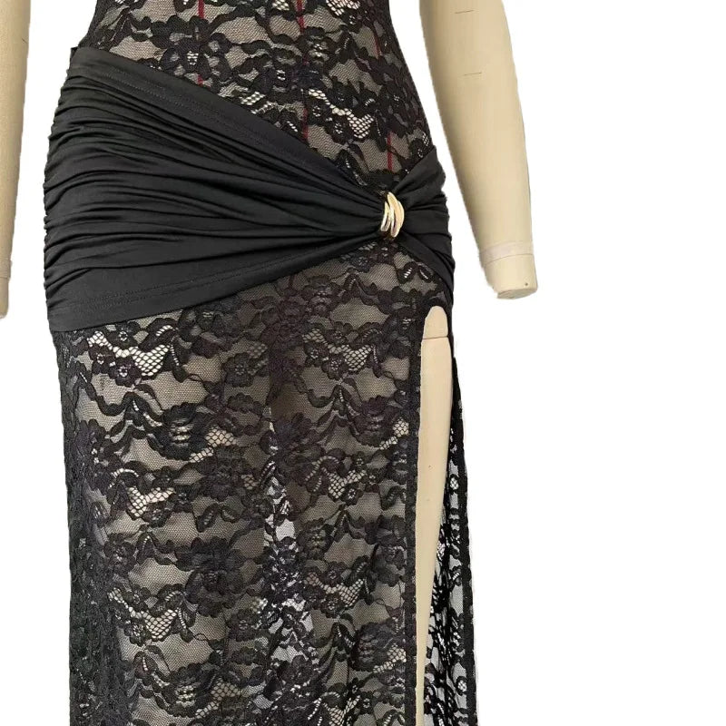 Vestido Comprido de Renda com Fenda Alta — foto 14 | Tolobasao