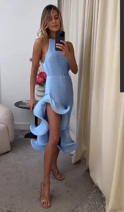 Vestido Midi Plissado com Decote Halter — foto 25 | Tolobasao