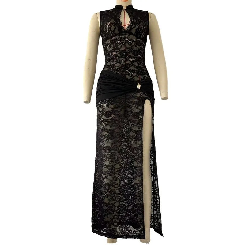 Vestido Comprido de Renda com Fenda Alta — foto 10 | Tolobasao