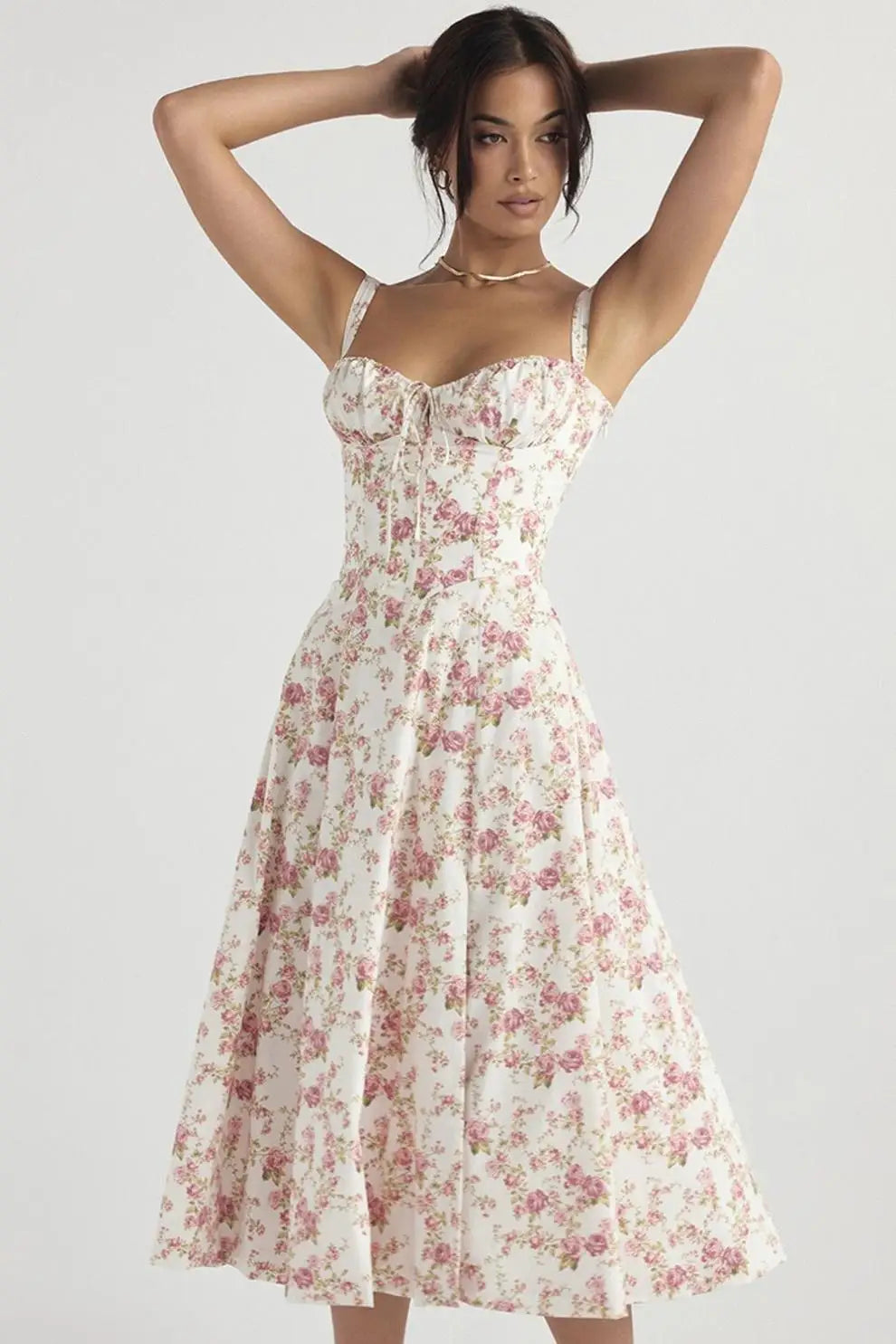 Vestido Midi Floral com Corpete — Azul e Rosa Floral — foto 13 | Tolobasao