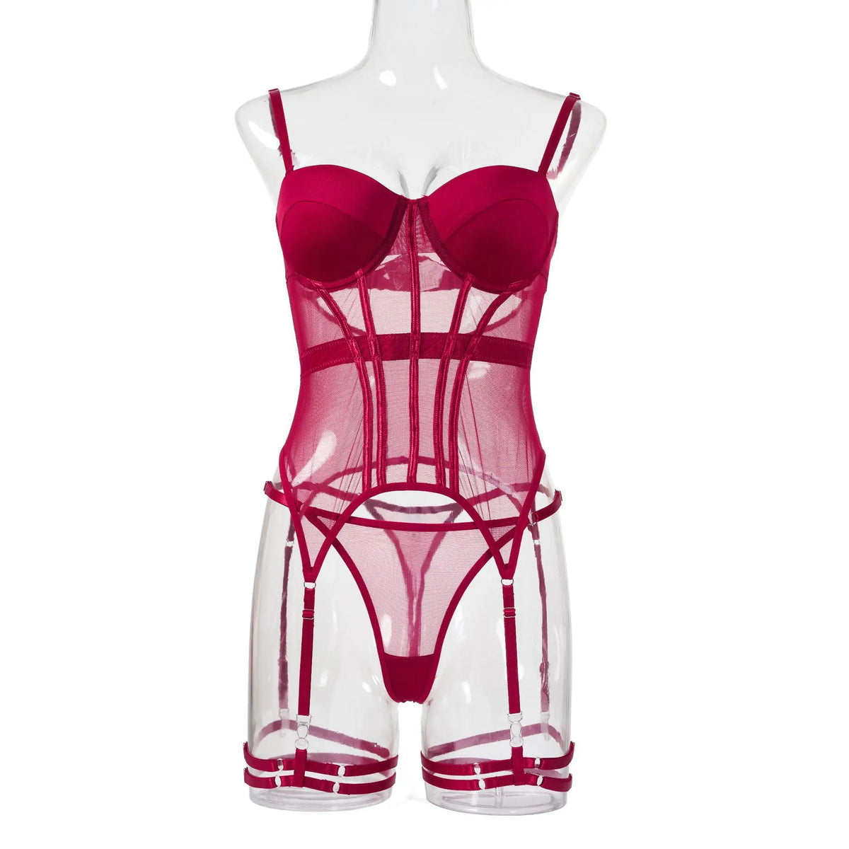 Conjunto de Lingerie em Tule com Body e Ligas — 3 Peças