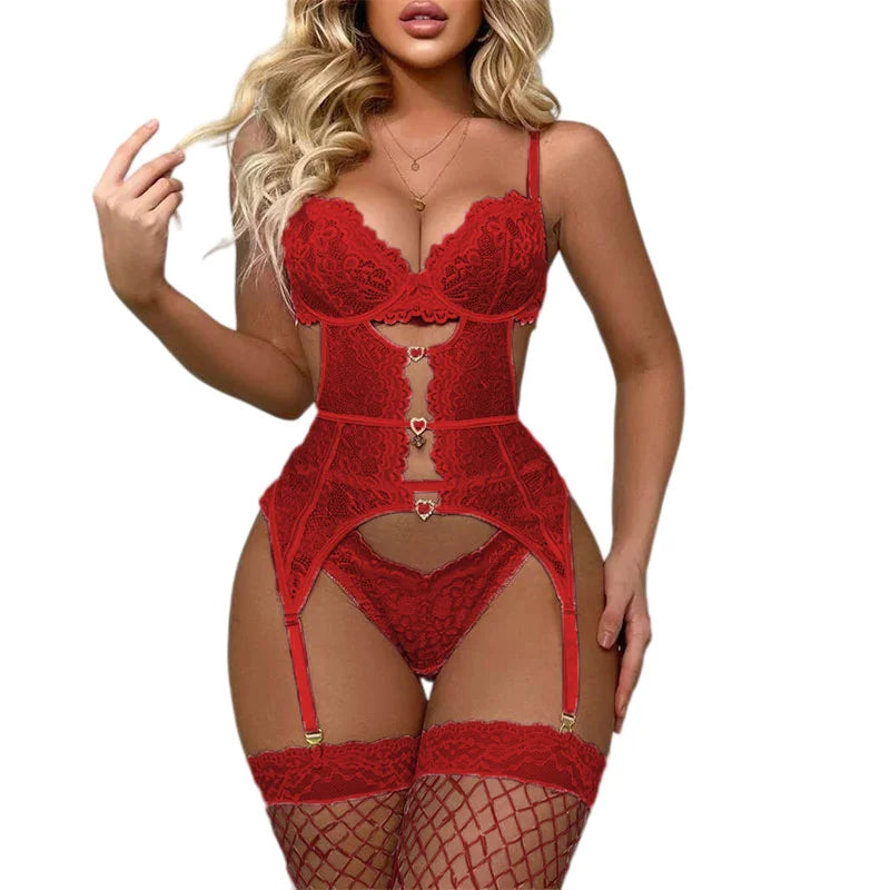 Conjunto Lingerie com Cinta Liga e Meias