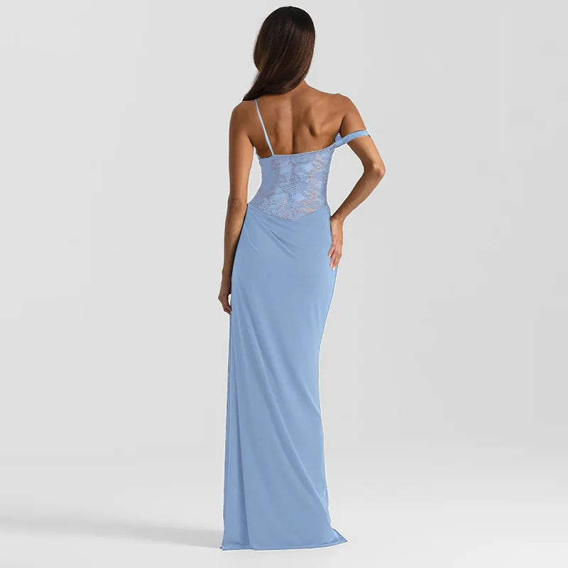 Vestido Comprido de Um Ombro com Renda — foto 48 | Tolobasao