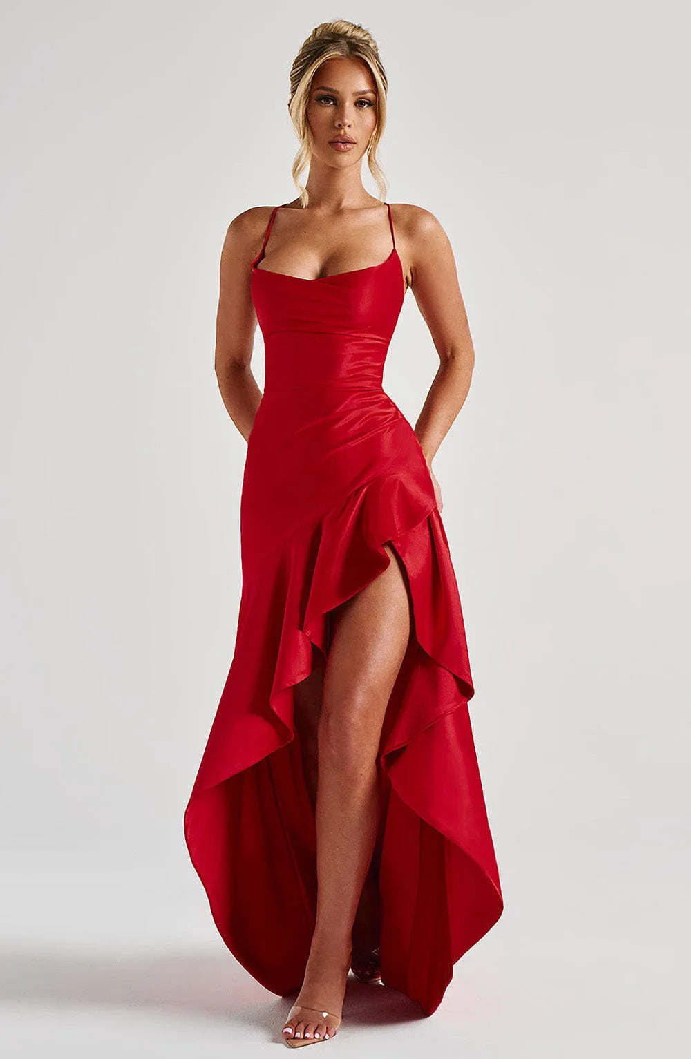 Vestido Comprido Acetinado com Folhos — foto 18 | Tolobasao