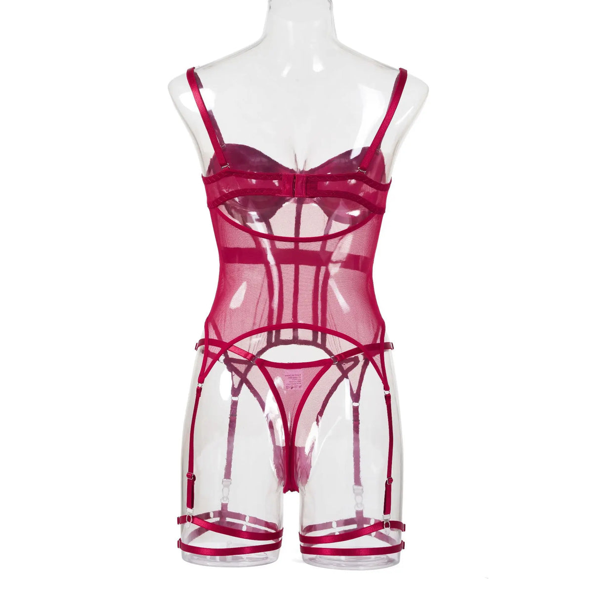 Conjunto de Lingerie em Tule com Body e Ligas — 3 Peças