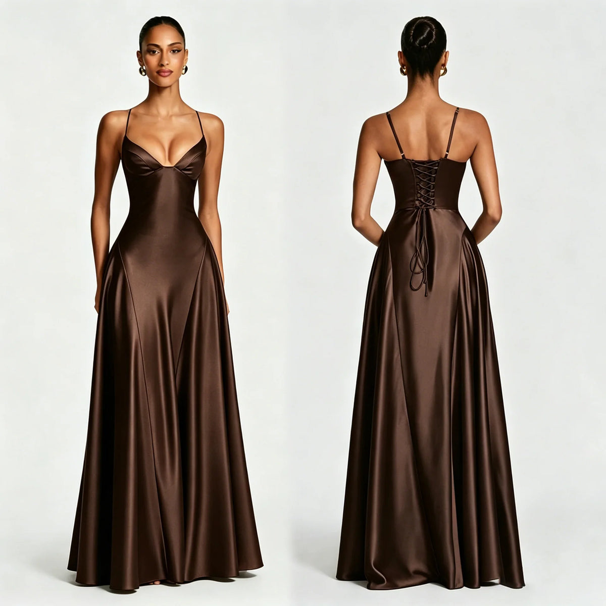 Vestido Comprido de Cetim com Corpete e Costas Descobertas — foto 1 | Tolobasao