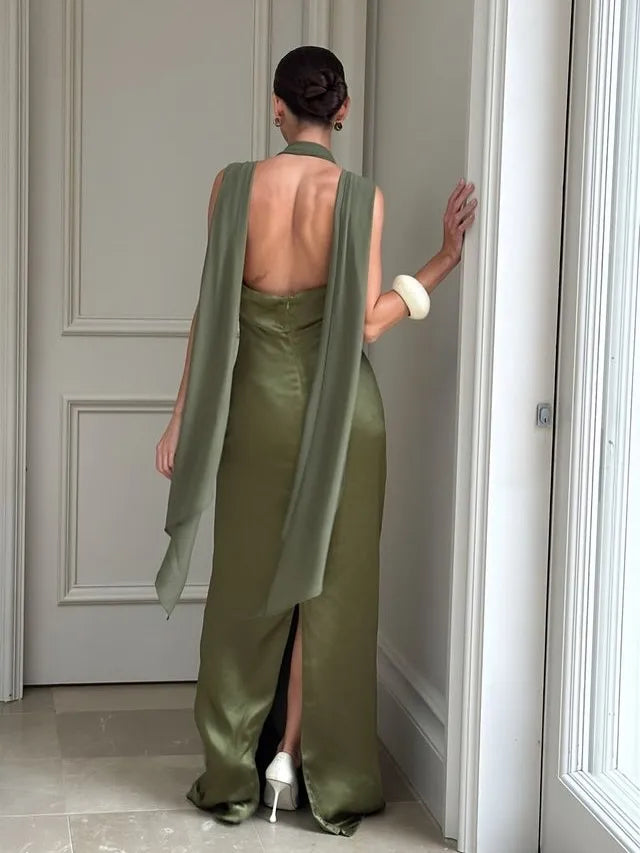 Vestido Comprido Verde de Cetim com Laço — foto 14 | Tolobasao
