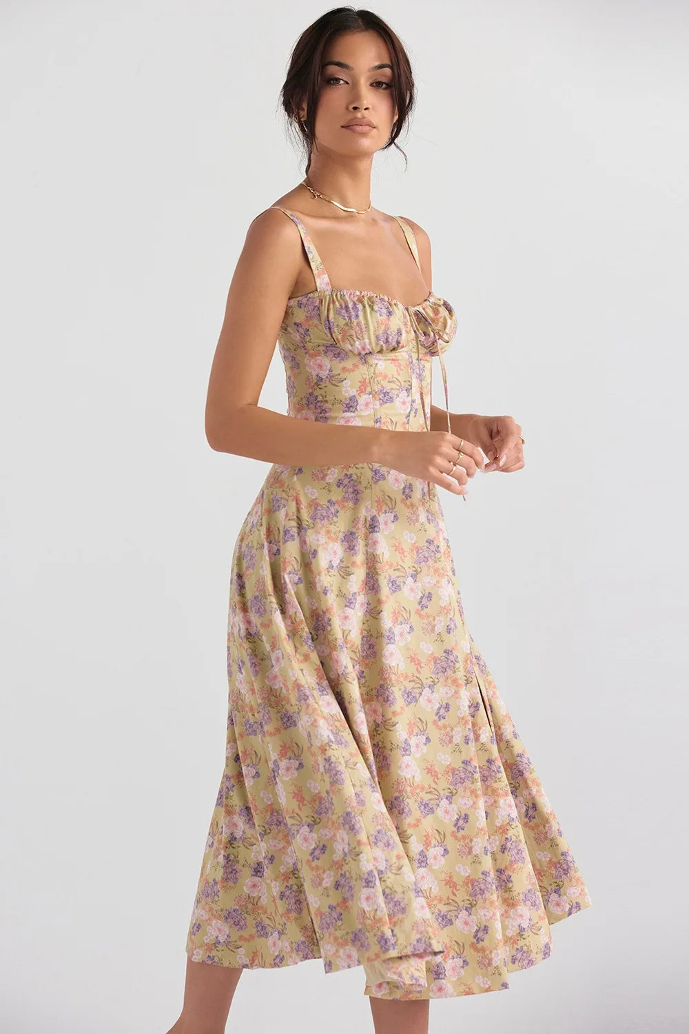 Vestido Midi Floral com Corpete — Azul e Rosa Floral — foto 39 | Tolobasao