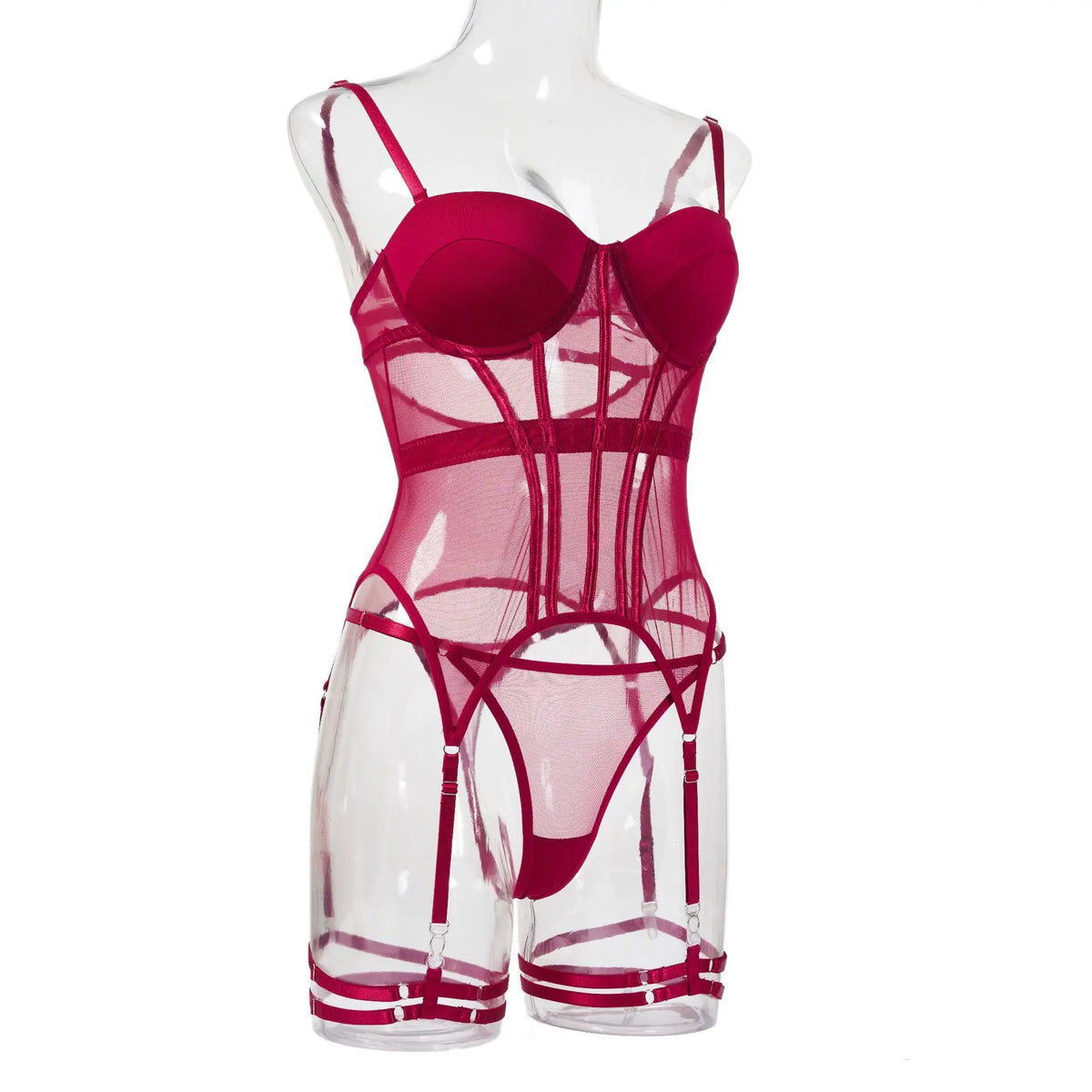 Conjunto de Lingerie em Tule com Body e Ligas — 3 Peças