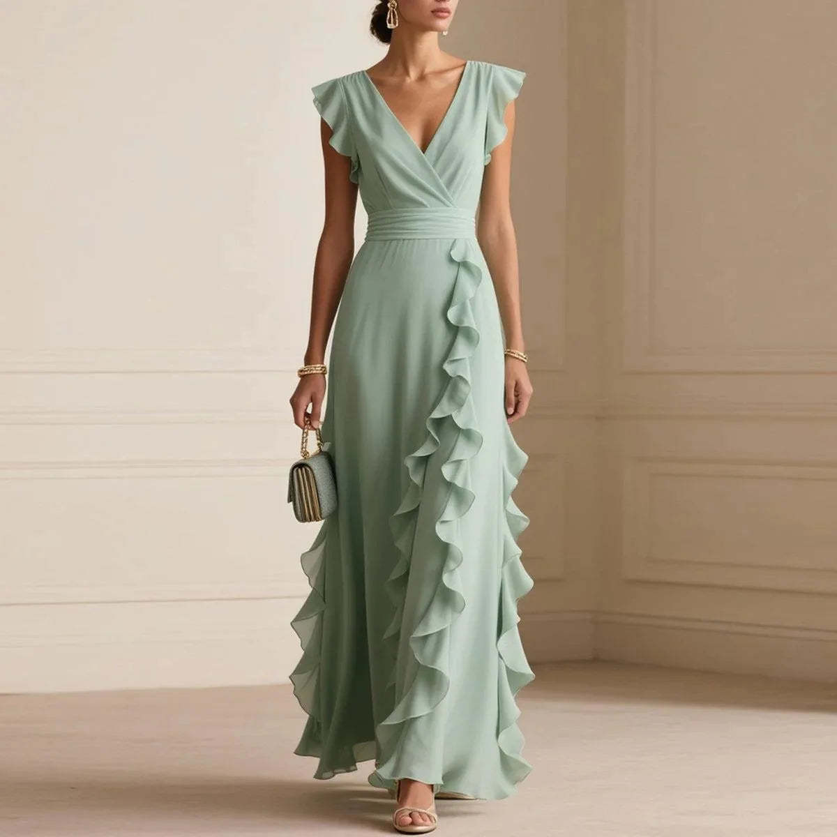 Vestido Comprido de Festa com Folhos em Verde — foto 8 | Tolobasao