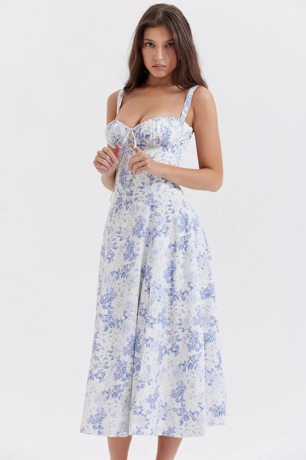 Vestido Midi Floral com Corpete — Azul e Rosa Floral — foto 14 | Tolobasao