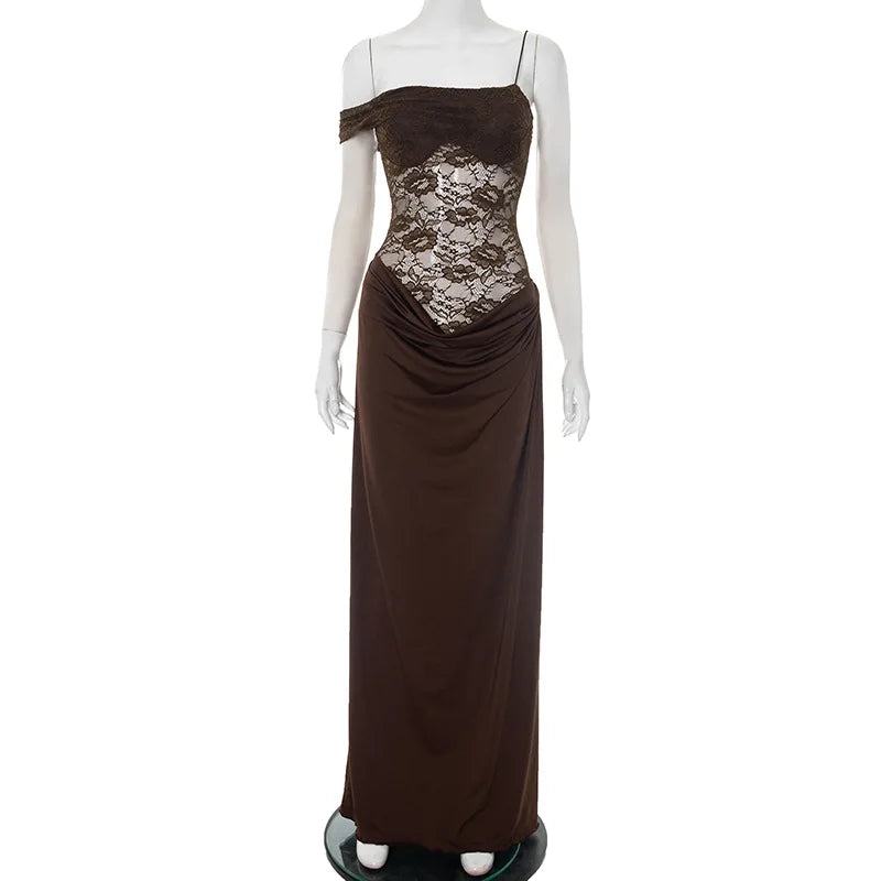 Vestido Comprido de Um Ombro com Renda — foto 11 | Tolobasao