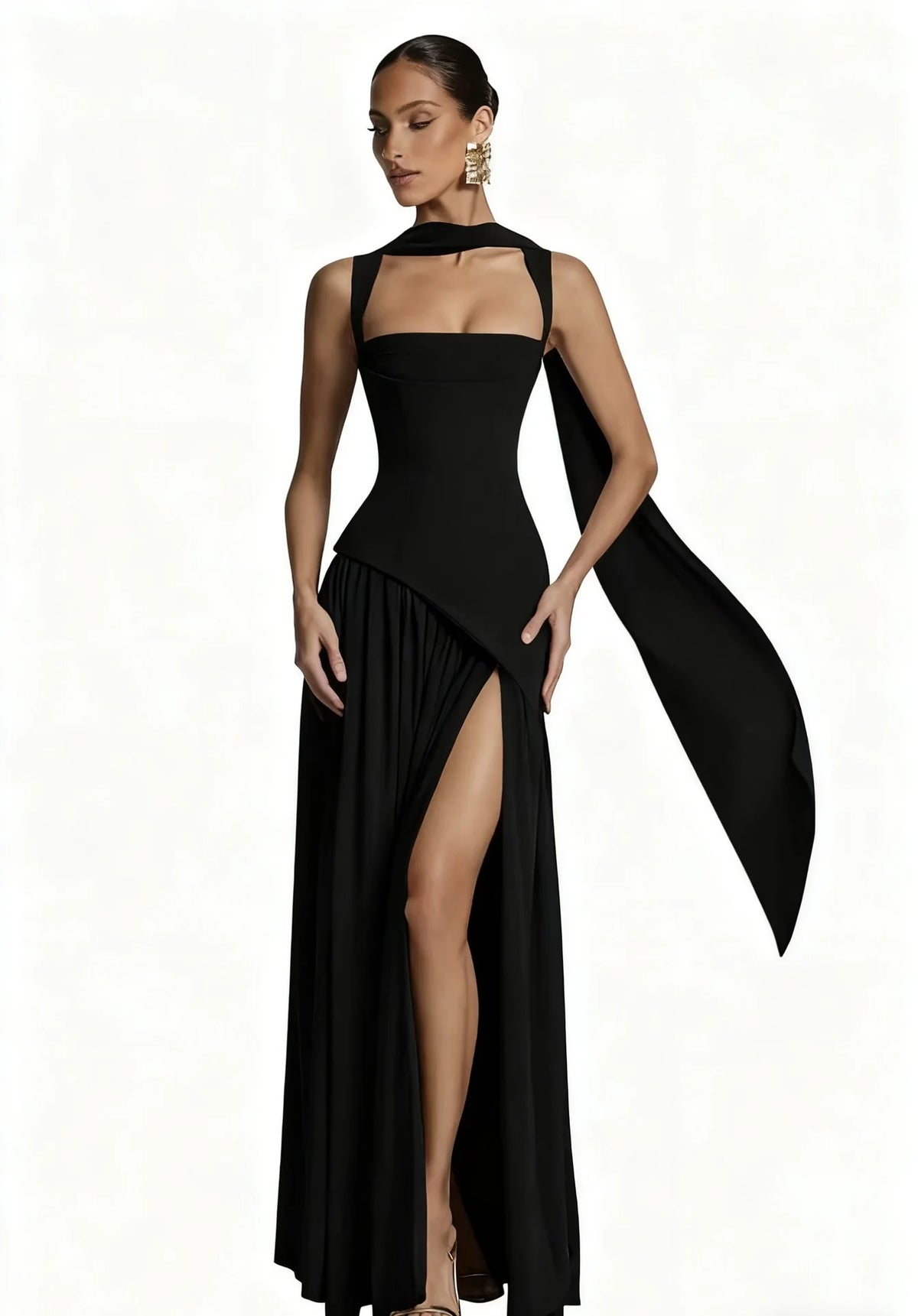 Vestido Comprido com Corpete, Laço e Fenda — foto 32 | Tolobasao