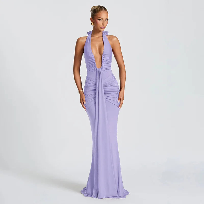Vestido Comprido com Decote Halter e Costas Descobertas — Bordô — foto 29 | Tolobasao