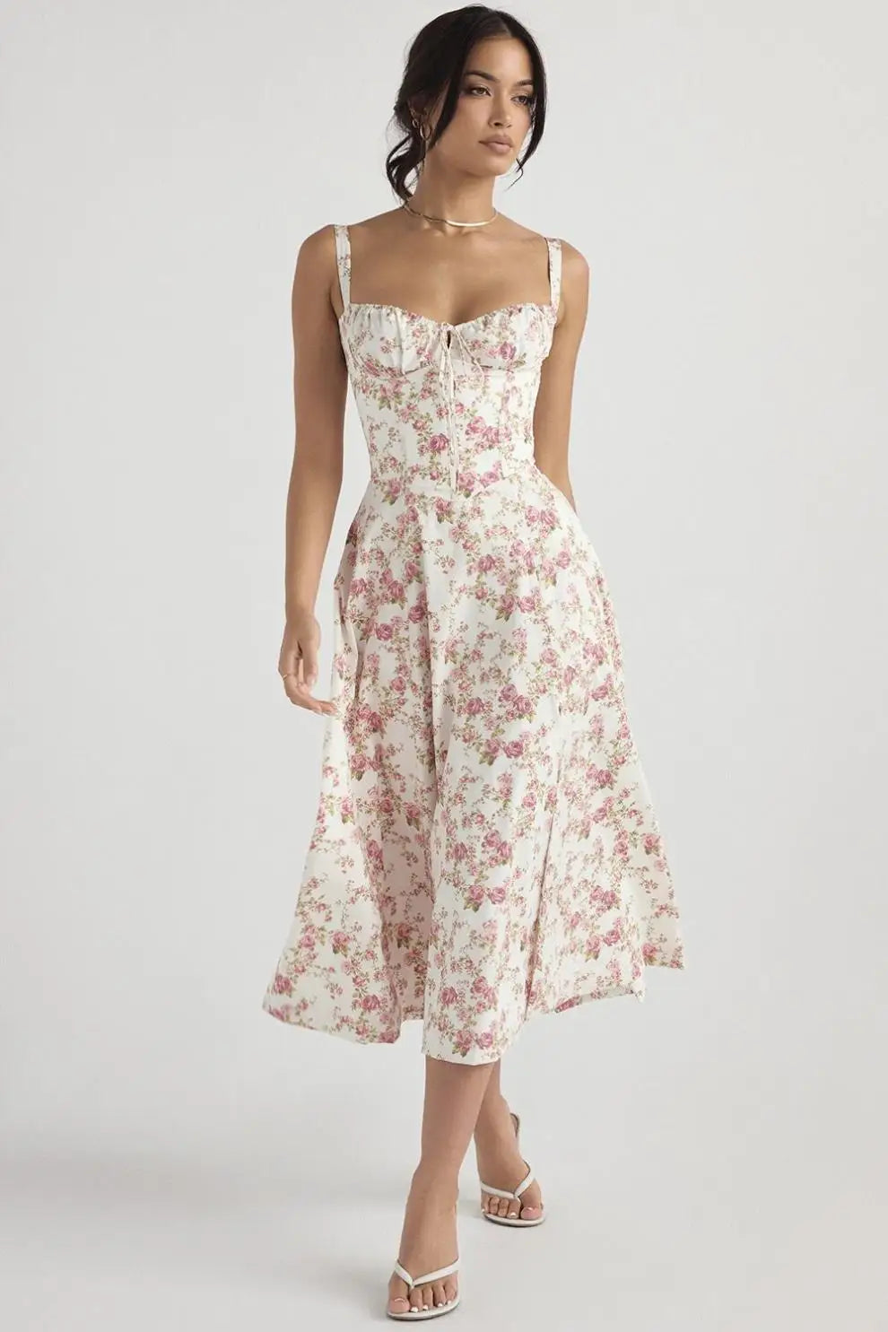 Vestido Midi Floral com Corpete — Azul e Rosa Floral — foto 12 | Tolobasao
