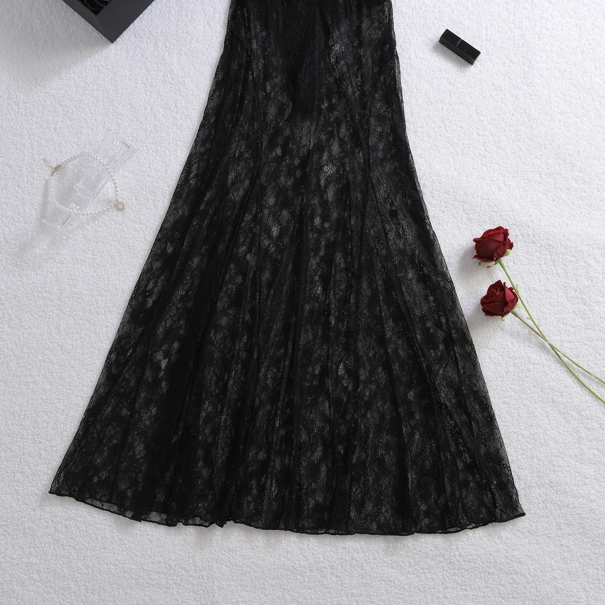 Vestido Comprido de Lingerie em Renda e Tule em Preto — foto 17 | Tolobasao
