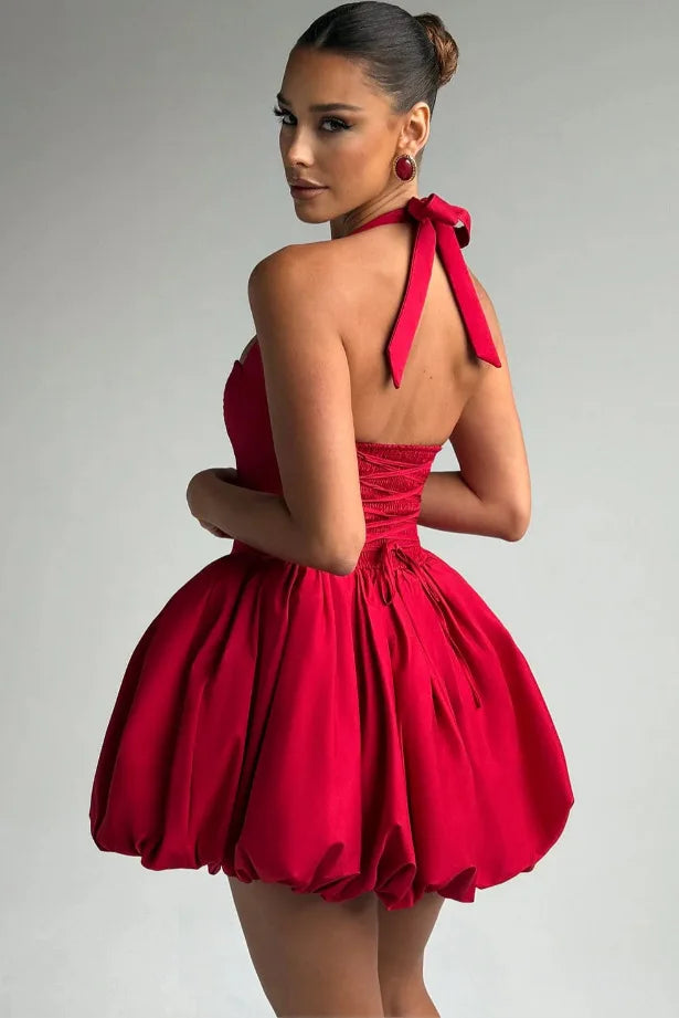 Vestido Curto Vermelho com Corpete e Decote Halter — foto 12 | Tolobasao
