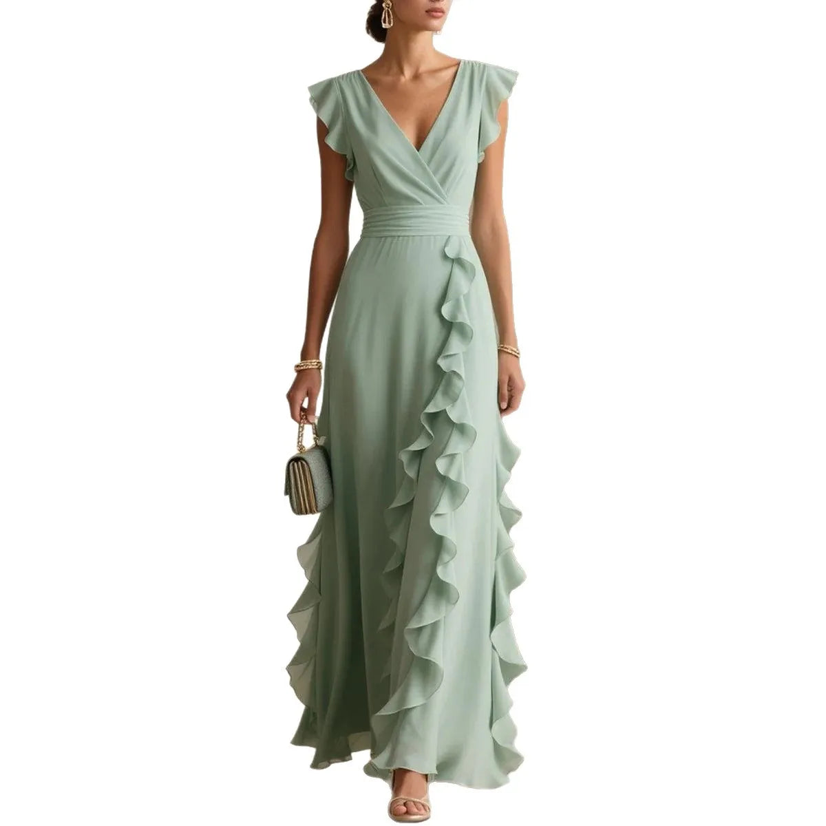 Vestido Comprido de Festa com Folhos em Verde — foto 2 | Tolobasao