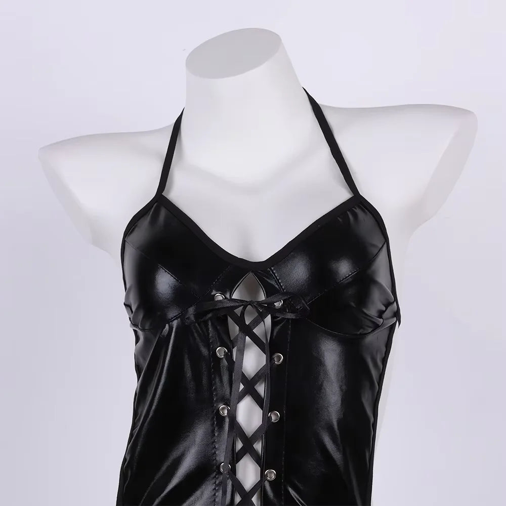 Conjunto de Lingerie com Efeito Couro e Renda