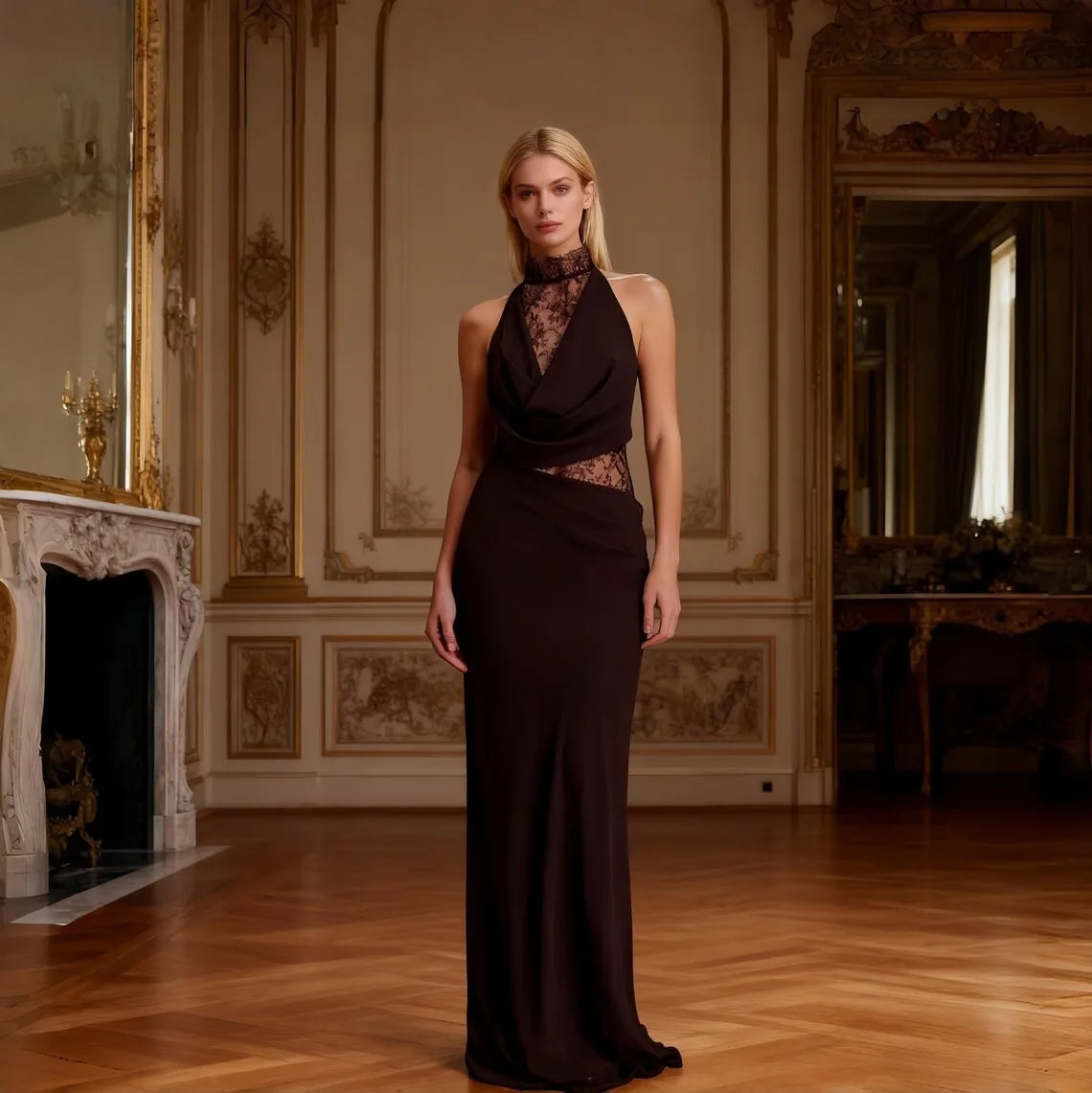 Vestido Comprido de Renda com Gola Alta — foto 3 | Tolobasao