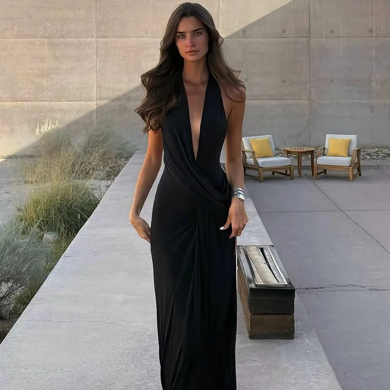 Vestido Comprido com Decote em V e Franzidos — foto 5 | Tolobasao