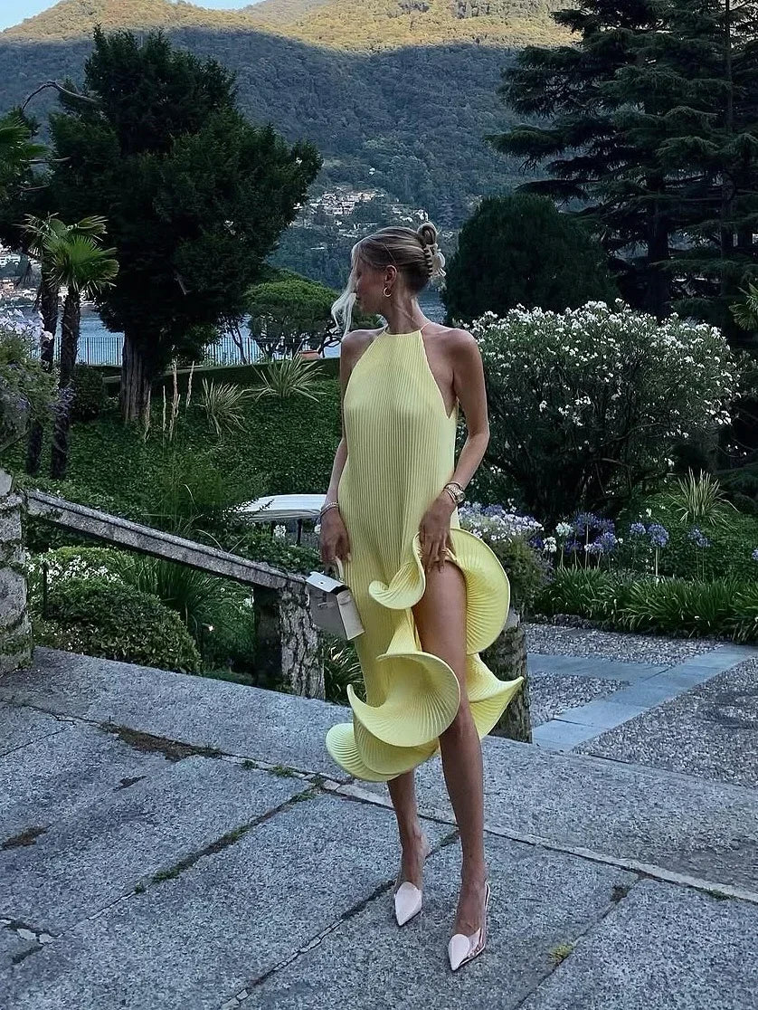Vestido Midi Plissado com Decote Halter — foto 21 | Tolobasao
