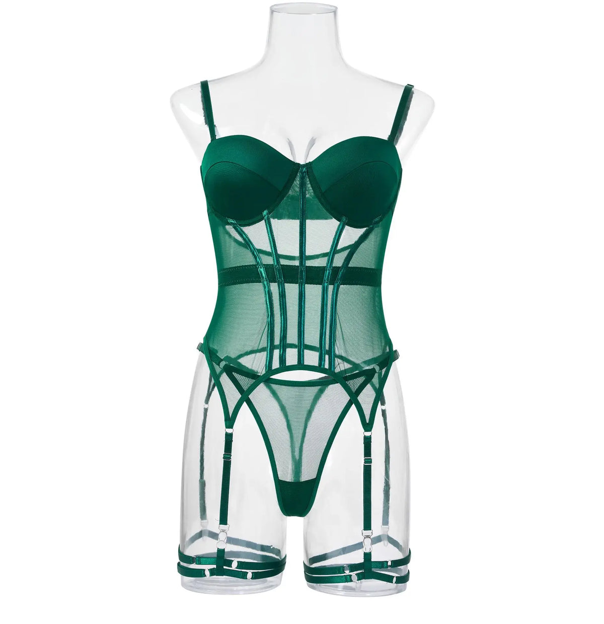 Conjunto de Lingerie em Tule com Body e Ligas — 3 Peças