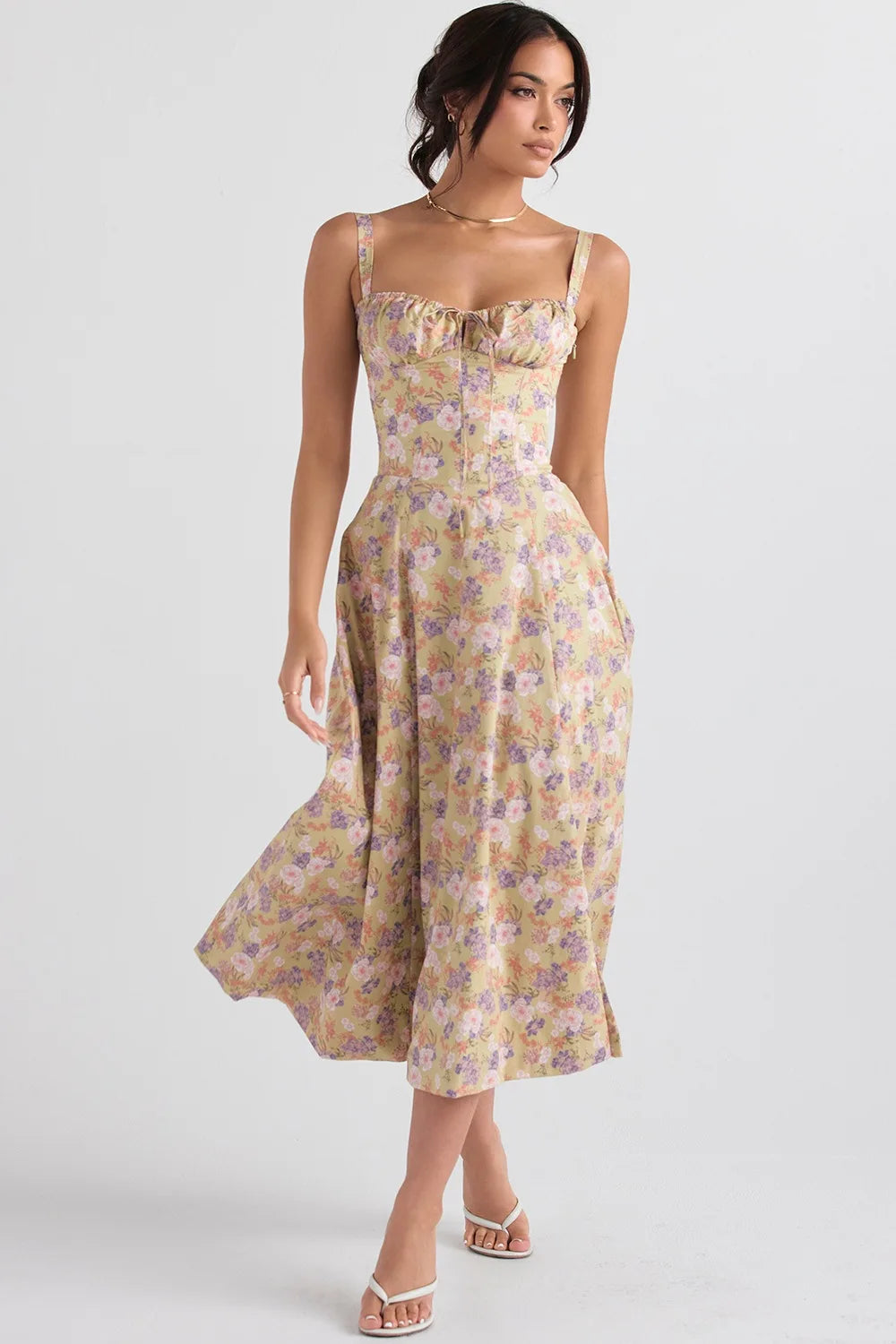 Vestido Midi Floral com Corpete — Azul e Rosa Floral — foto 40 | Tolobasao