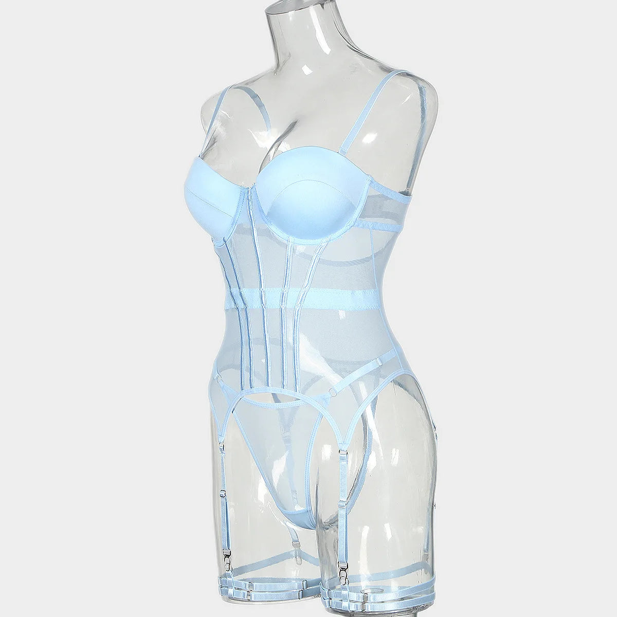 Conjunto de Lingerie em Tule com Body e Ligas — 3 Peças