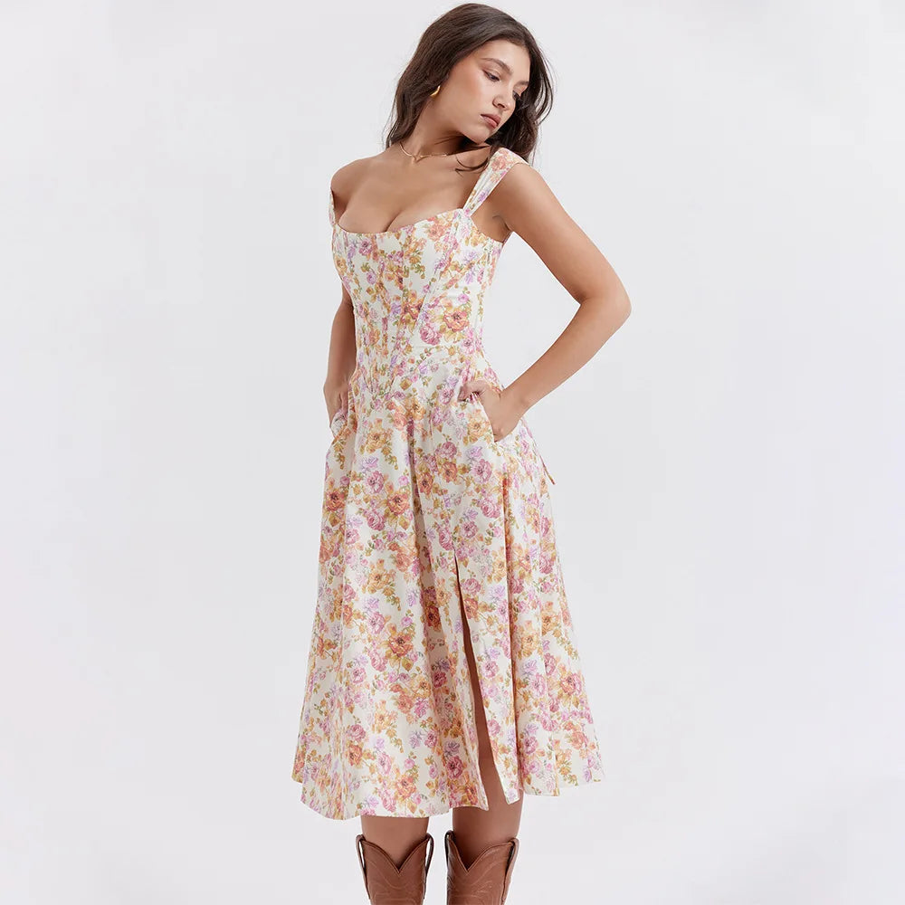 Vestido Midi Floral com Corpete e Bolsos — foto 5 | Tolobasao