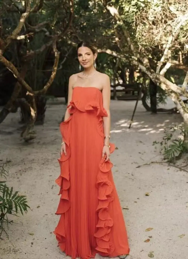 Vestido Comprido sem Alças com Folhos — foto 4 | Tolobasao
