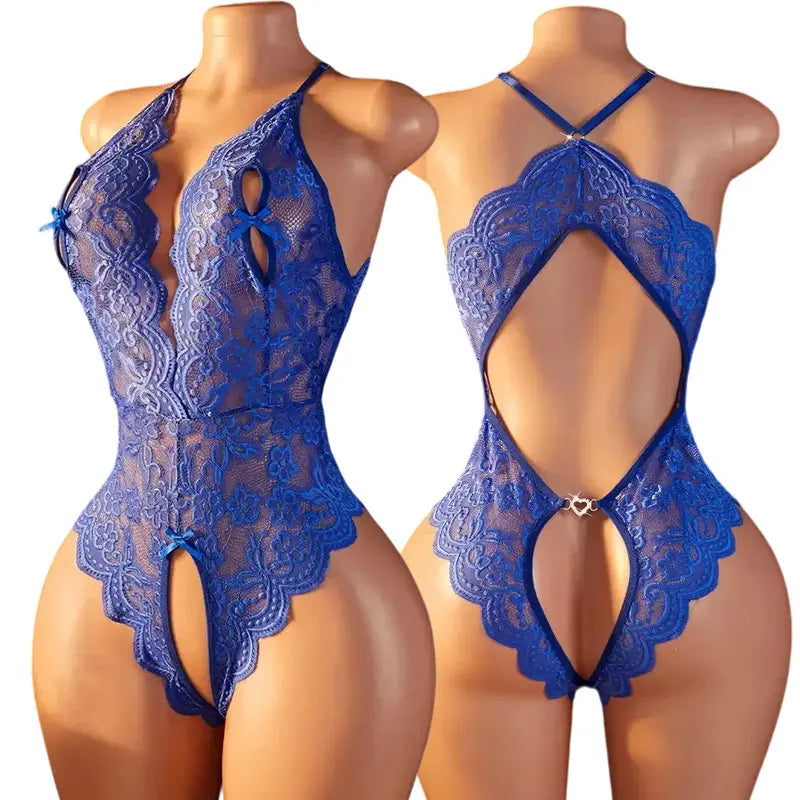 Body de Lingerie com Renda e Costas Descobertas — Azul