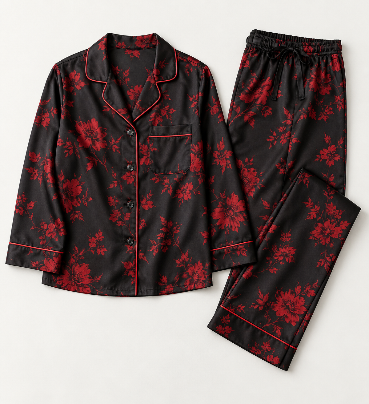 Conjunto de pijama elegante preto e vermelho