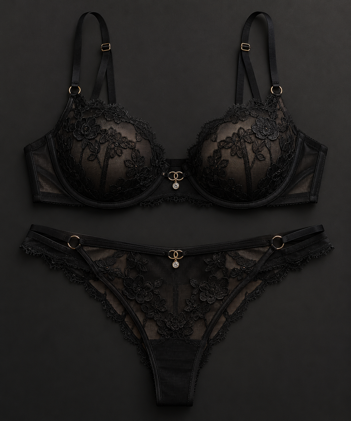 Conjunto de lingerie preto com decote V, 3 peças