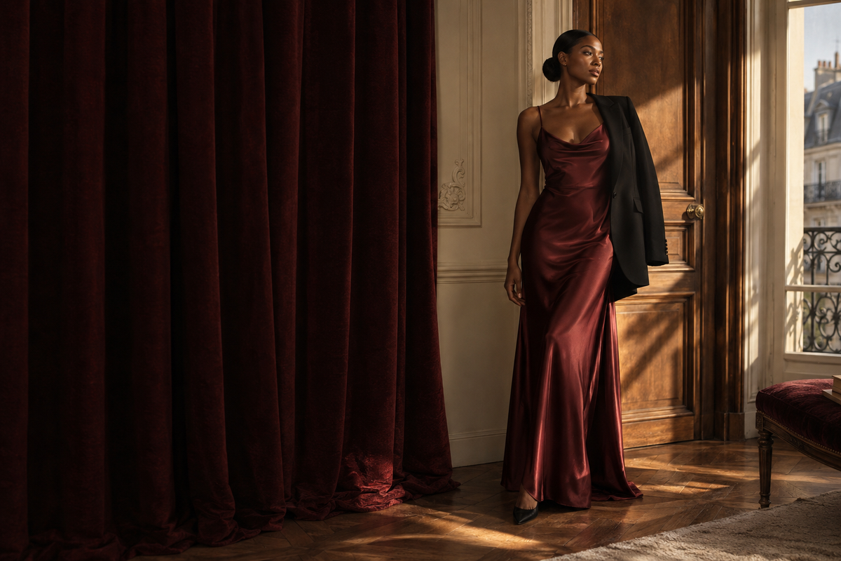 Uma silhueta em cetim vinho