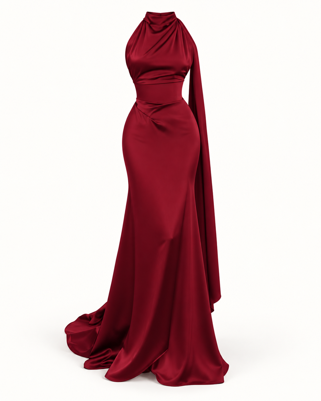 Vestido comprido acetinado com corpete em bordô — imagem do produto