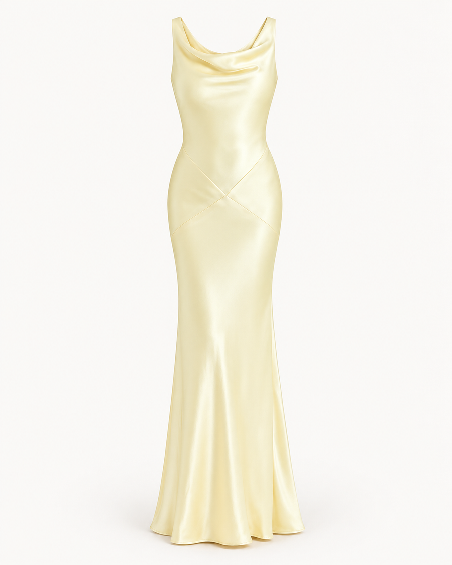 Vestido comprido acetinado com costas descobertas em amarelo — imagem do produto