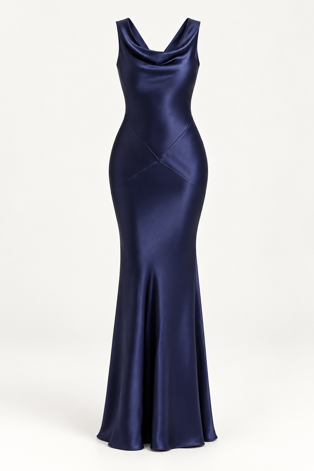 Vestido comprido acetinado com costas descobertas em azul-marinho, imagem de estúdio | Tolobasao