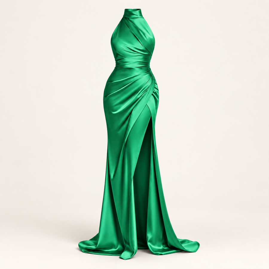 Vestido Comprido Acetinado de Gola Alta