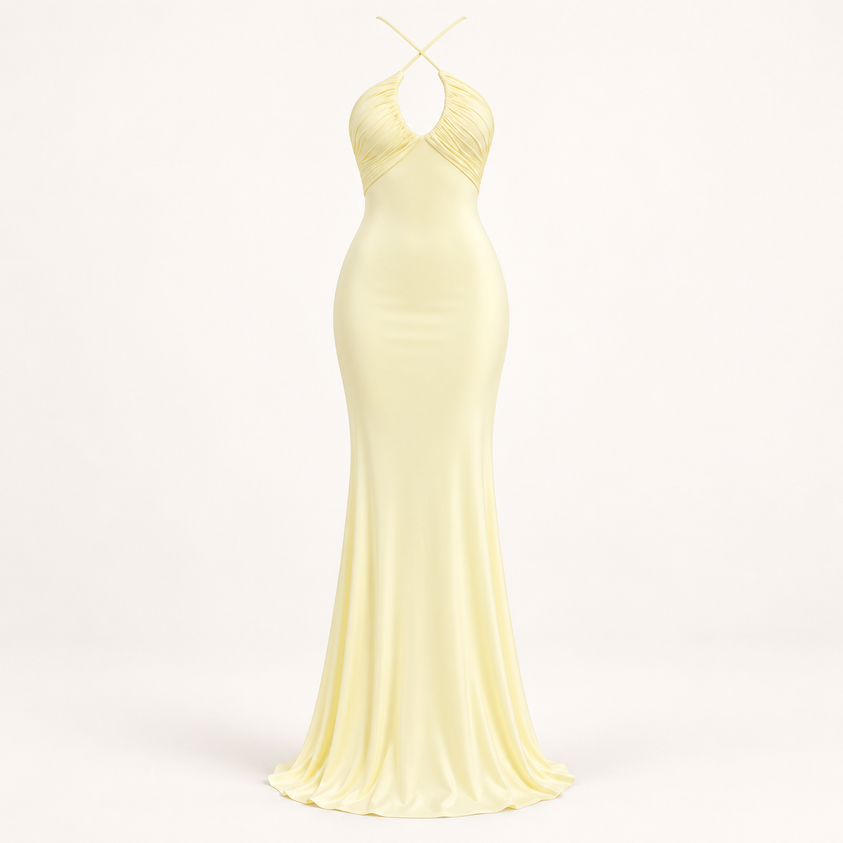 Vestido Comprido Amarelo com Folhos em fundo de estúdio | Tolobasao