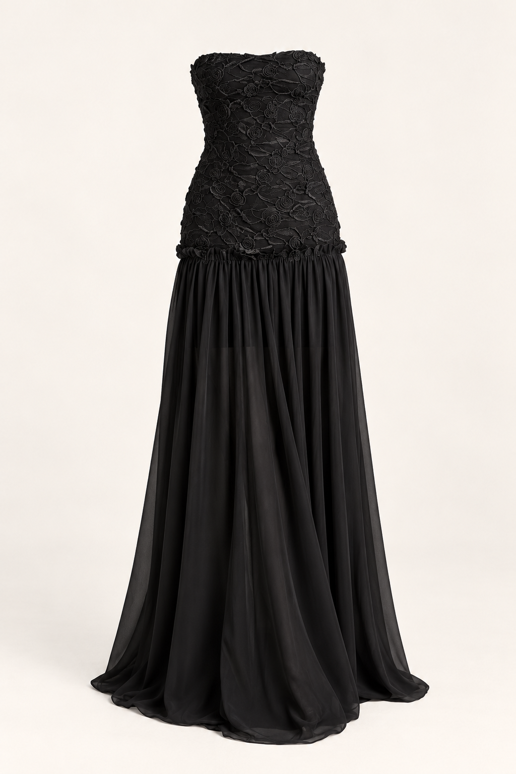 Vestido comprido bordado sem alças preto — imagem do produto | Tolobasao