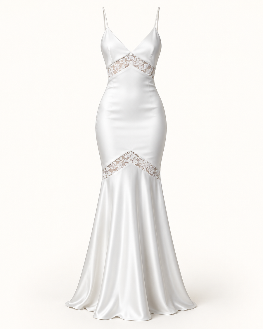 Vestido Comprido Branco de Cetim e Renda