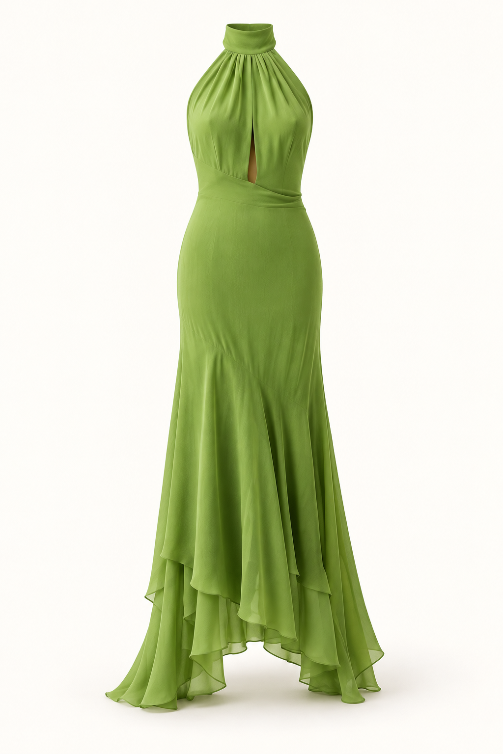 Vestido Comprido com Decote Halter, Folhos e Costas Descobertas em Verde — imagem de produto em fundo de estúdio | Tolobasao