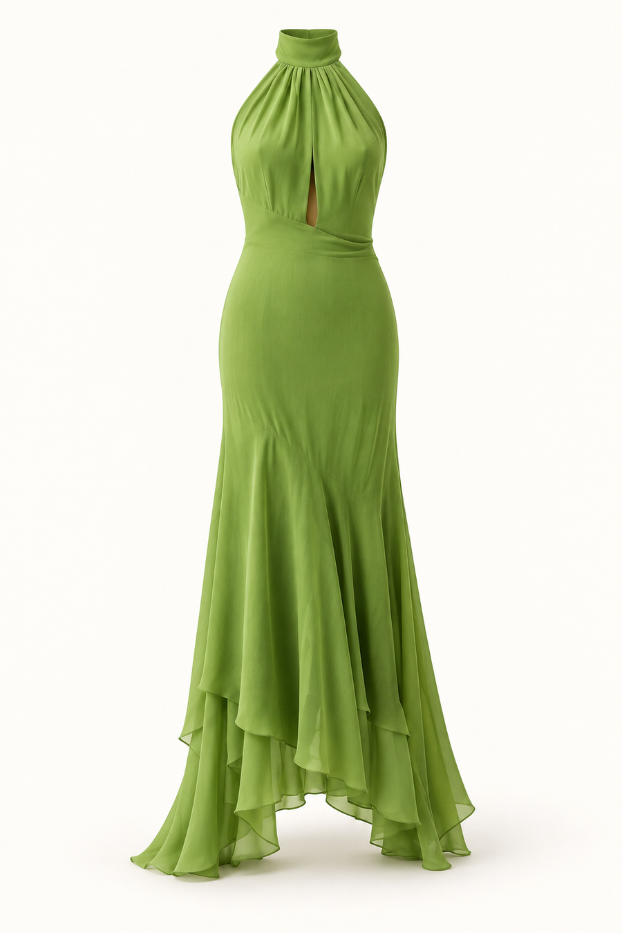 Vestido Comprido com Decote Halter, Folhos e Costas Descobertas